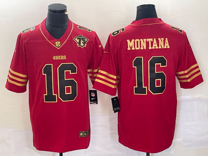 Men San Francisco 49ers #16 Montana Red Gold 75th Nike Vapor Limited NFL Jersey